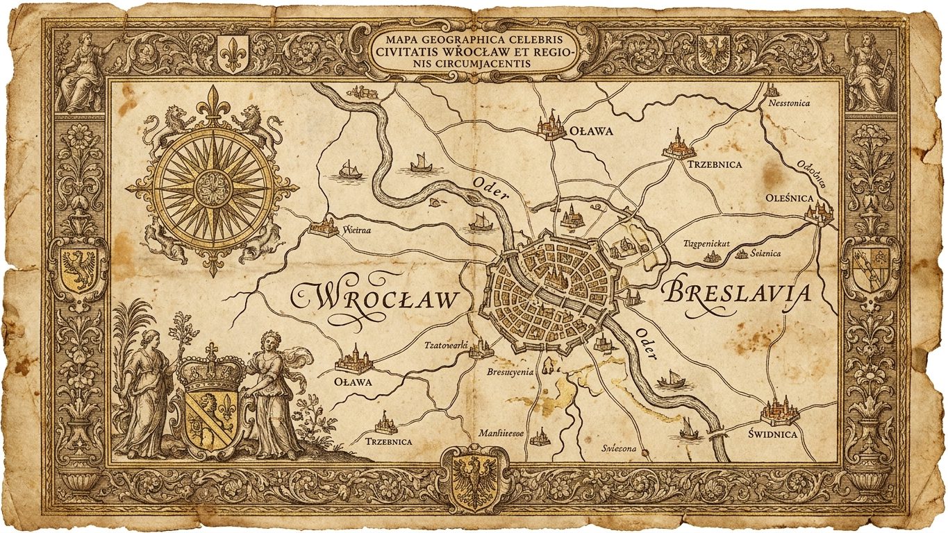 Stylizowana zabytkowa mapa Wrocławia i okolic — obszar wynajmu fotobudki JustFlash (Oława, Trzebnica, Oleśnica, Świdnica)