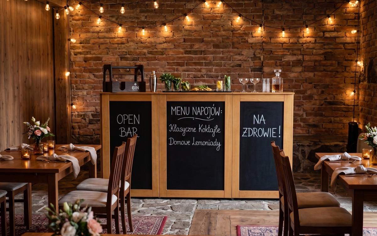 Mobilny bar z autorską kartą napojów i oprawą dopasowaną do stylu przyjęcia.