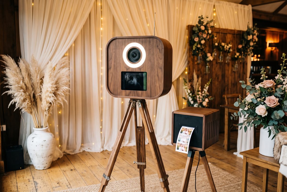 Drewniana fotobudka retro w aranżacji boho — pampasy, woalowe zasłony i skrzynka drukująca zdjęcia