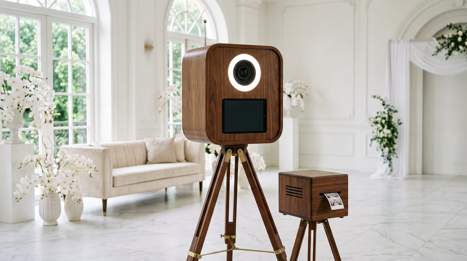 Drewniana Retro FotoBudka z podświetlanym obiektywem na trójnogu i skrzynką drukującą zdjęcia — elegancka biała sala weselna