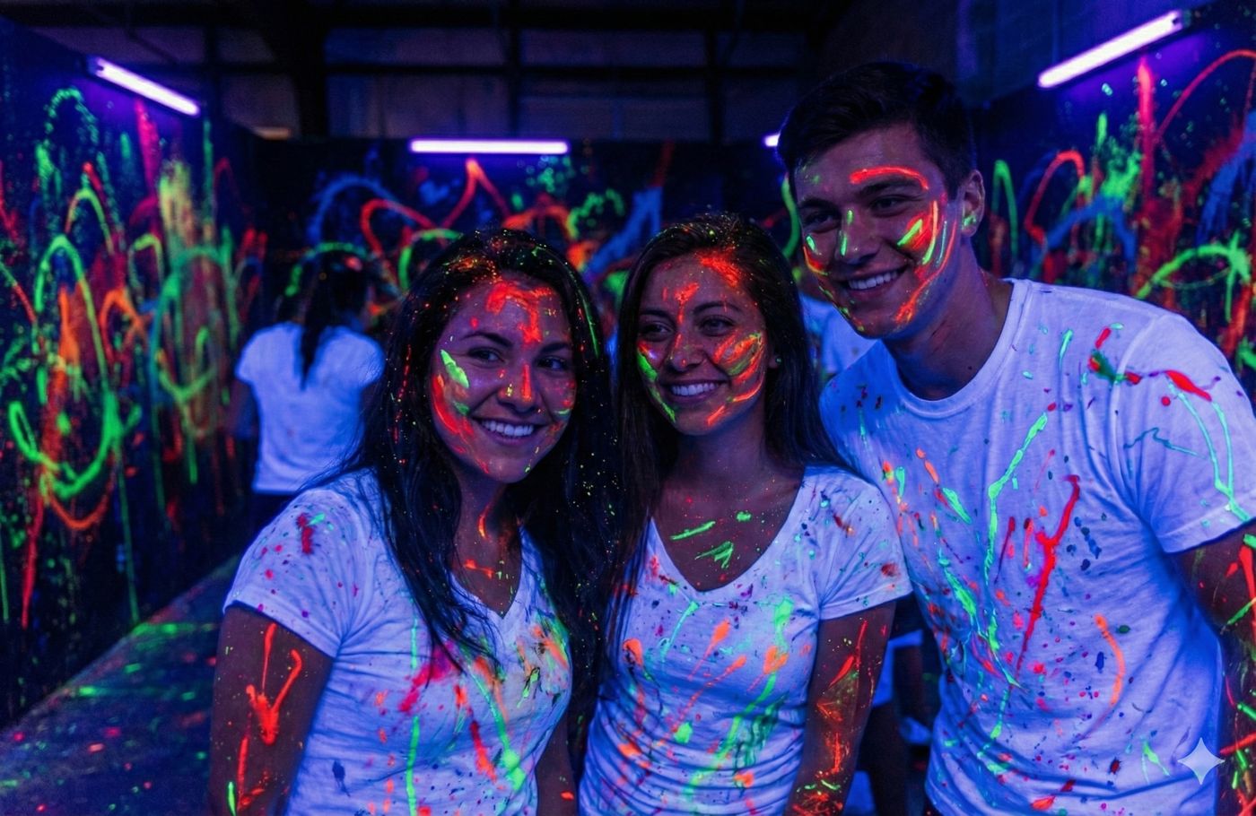 Neonowa fotobudka fluo w akcji — ekipa przyjaciół w białych koszulkach maluje się farbami fluo przed sesją w świetle UV