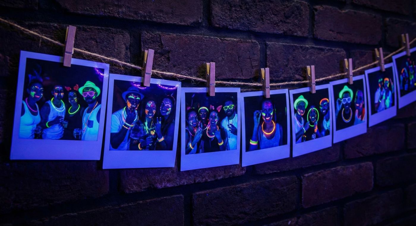 Neonowe wydruki polaroid z fotobudki UV zawieszone na sznurku — pamiątki dla gości studniówki i osiemnastki