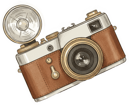 Rysowana ilustracja aparatu retro — dekoracja strony JustFlash