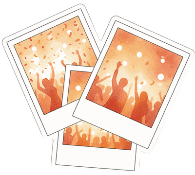 Rysowana ilustracja polaroidów z imprezy — dekoracja strony JustFlash