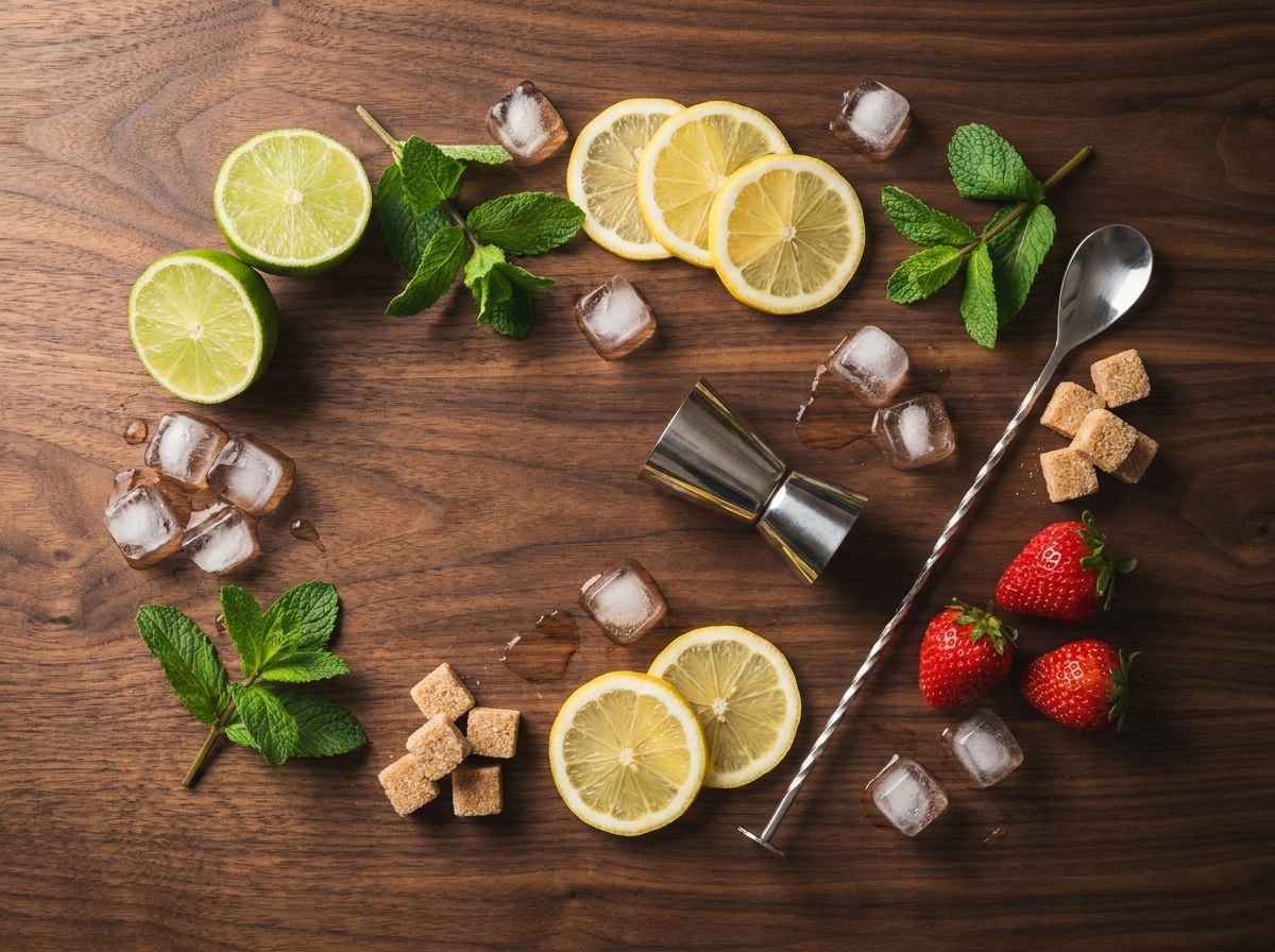 Świeże składniki koktajli na barze JustFlash — limonki, mięta, truskawki i jigger barmański