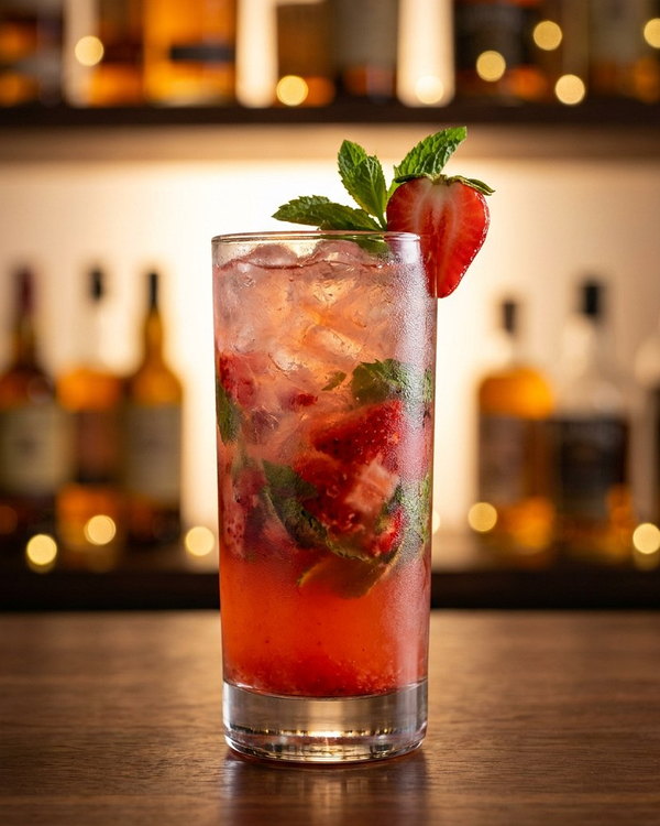 Truskawkowe mojito z miętą na drewnianym blacie mobilnego drink baru, w tle podświetlana półka z butelkami