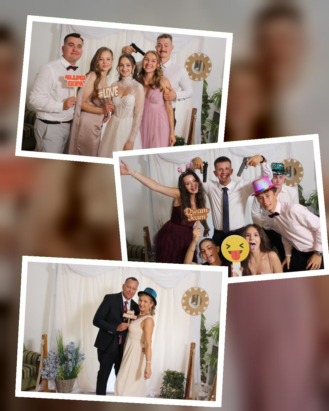 Kolaż wydruków z fotobudki - goście weselni z gadżetami