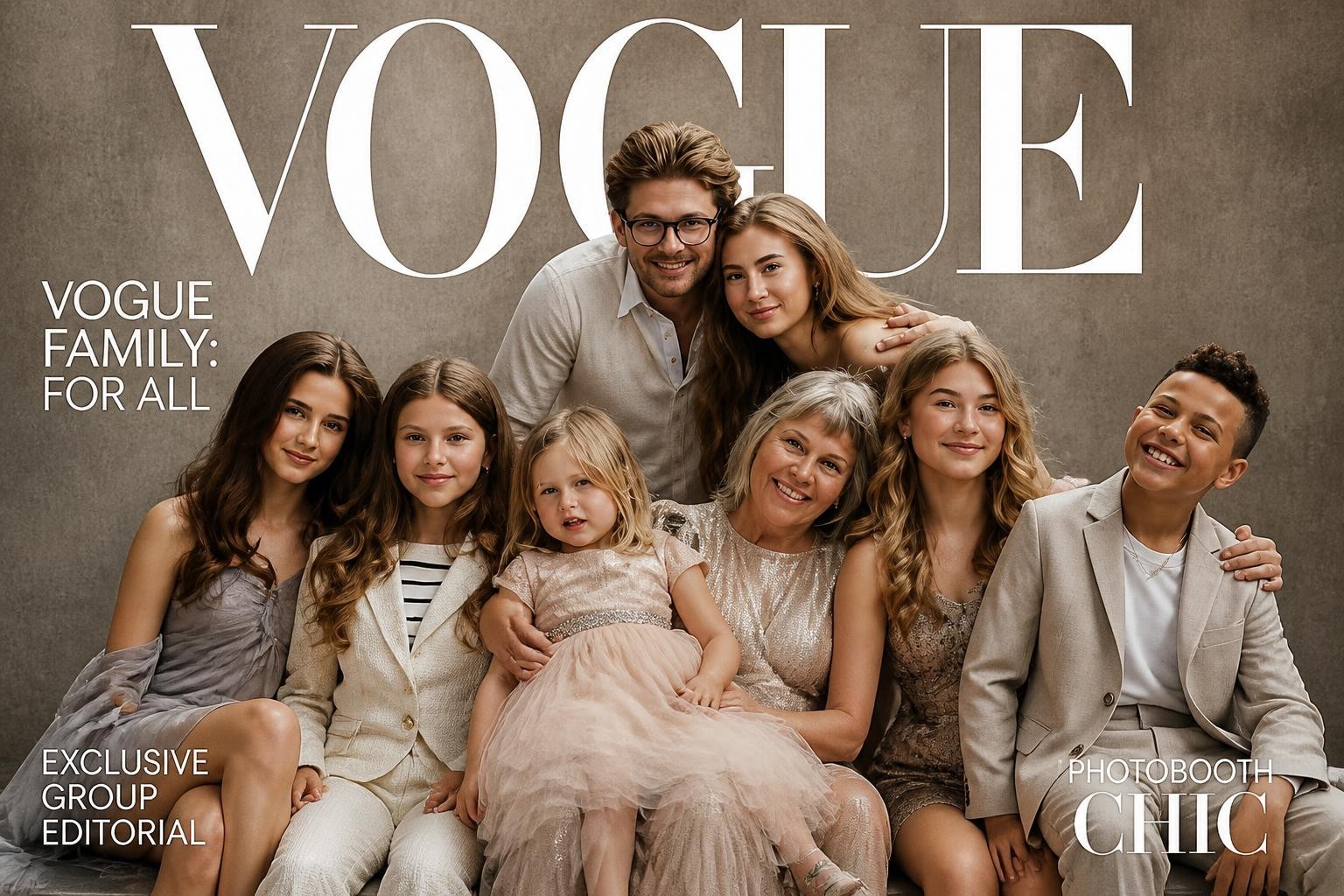 FotoBudka AI - przykładowa generacja: rodzinna okładka magazynu